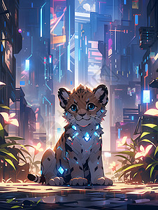 夜幕城市中的小狮子背景图片