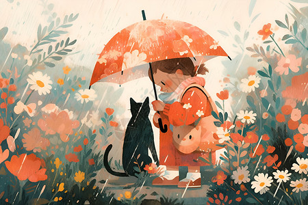 女孩与小猫在雨中背景图片