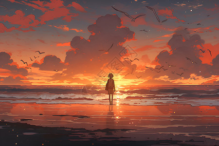 海滩上观赏日落的女孩背景图片