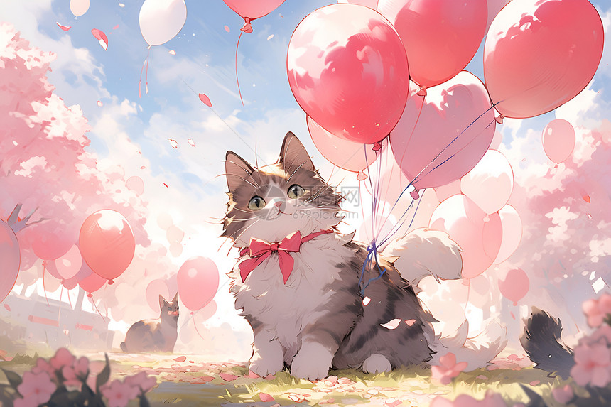 幸运猫与红色气球图片