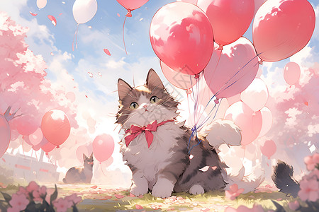 可爱胖胖猫气球幸运猫与红色气球插画