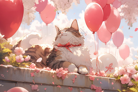 红樱花浪漫樱花下的红气球猫咪插画