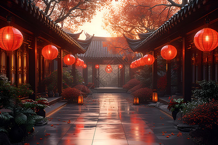 传统中国庭院春节氛围背景图片