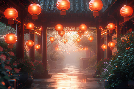 中式庭院迎接新年背景图片