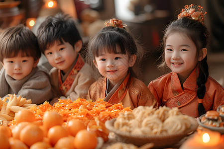 孩子们围坐餐桌高清图片