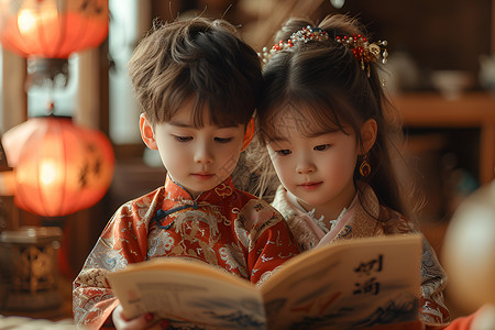 汉服小孩穿着古装看书的小孩背景
