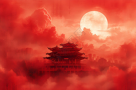 红瓦建筑红云笼罩的建筑插画
