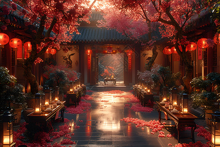 挂着灯笼的中国式庭院背景图片
