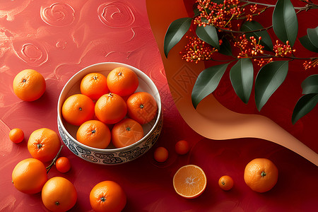 红色背景上的橙子背景图片