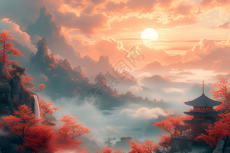 红色山脉仙景彩云插画
