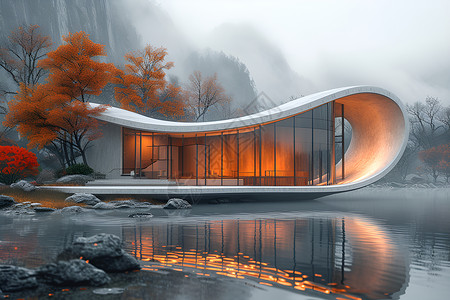 湖畔现代城湖畔未来与现代建筑插画