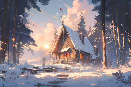 童话里的房子冬日里的童话小屋插画