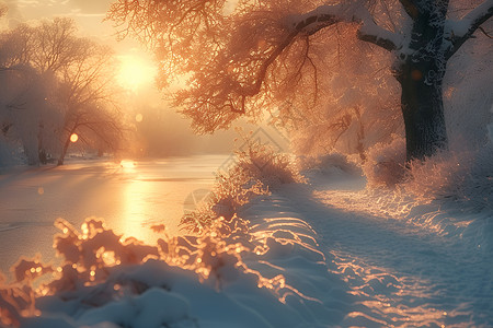 阳光下的雪地夕阳下的树林背景