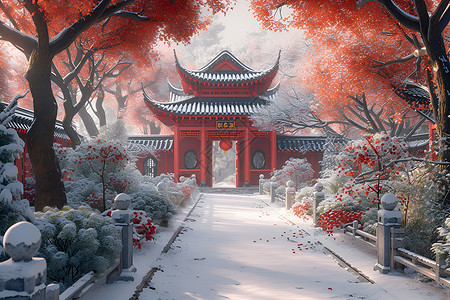 网红墙冬日红墙下飘雪的美景插画