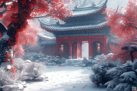 冬日红墙白雪美景背景图片