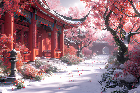 红墙白雪唯美景色背景图片