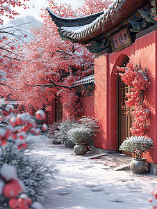 红墙白雪幽雅景致背景图片