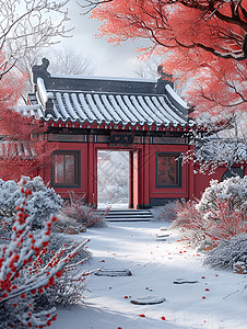 建筑复古中国宫殿中的雪景插画