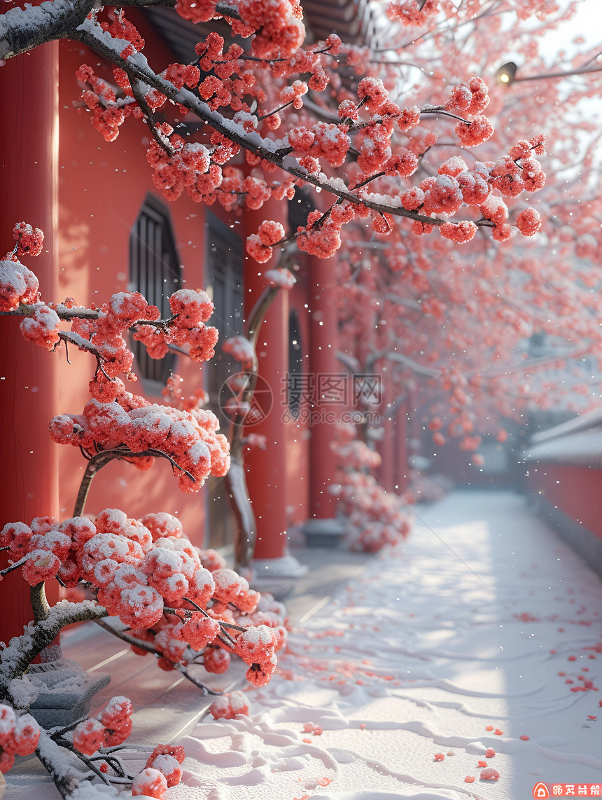中国宫殿下的雪景红墙图片