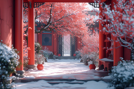 古典红墙红墙雪景插画