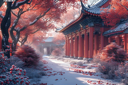 中国宫殿飘雪中的红墙梅树插画