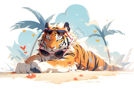 沙滩上休憩的老虎背景图片