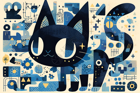 黑色涂鸦涂鸦风格的动物猫猫插画