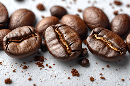 桌面上细腻的咖啡豆背景图片