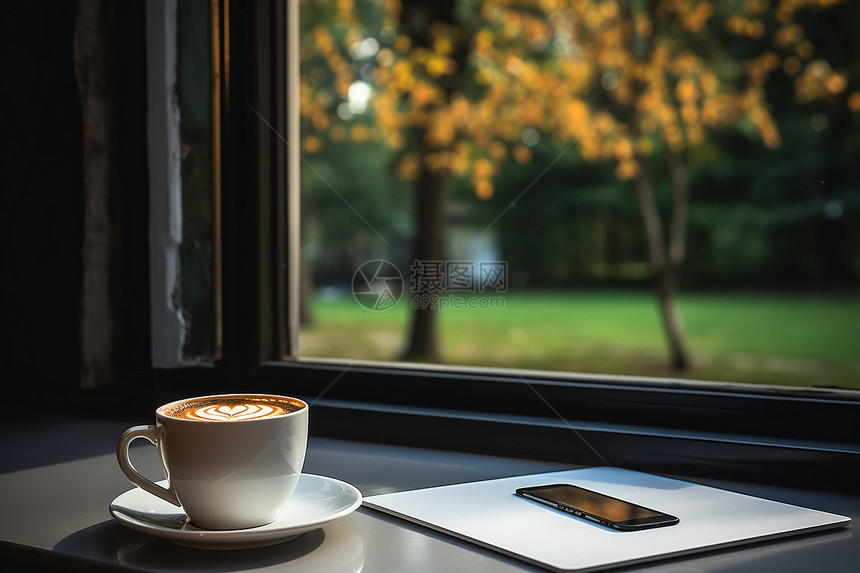 窗边书与咖啡图片