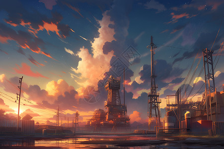 夕阳下的工业奇观背景图片
