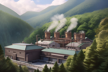 森林中的地热发电厂背景图片