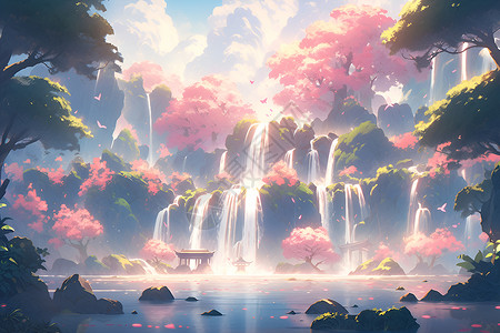 天然瀑布景色粉色瀑布与花海插画