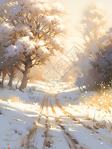 冬季农田白雪皑皑的农田小路插画