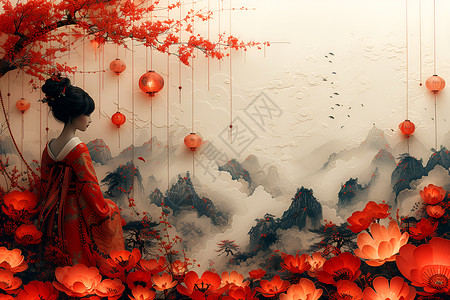 丹红山野红裙娇人背景图片