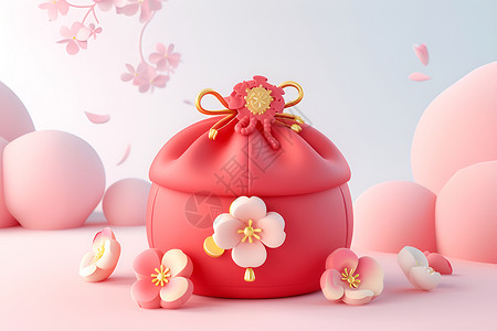 红色福袋与粉色花瓣背景图片