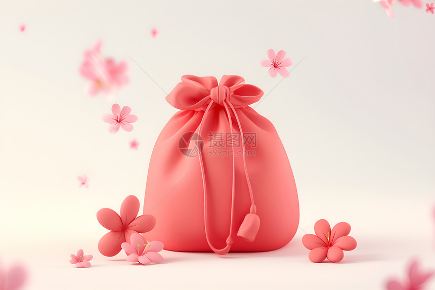 红色福袋与温柔花朵图片