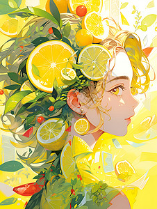 活力水果少女的柠檬装饰插画