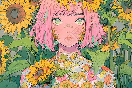 鲜花中的粉发少女背景图片