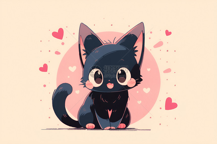 黑色小猫在粉色背景中图片