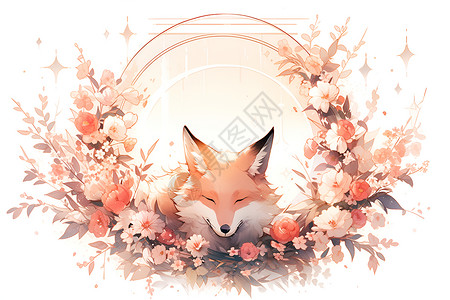 花环仙境仙境中的粉色狐狸插画