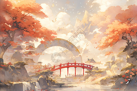 中国桥中国山水之美插画