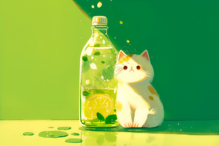 瓶旁的可爱白猫背景图片