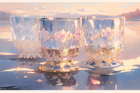 琉璃背景桌上的杯子插画