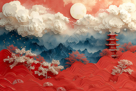 红色抽象山脉上的建筑背景图片