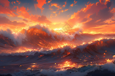 夕阳下的大海海浪背景图片