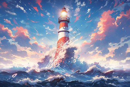 海洋中的红色灯塔背景图片