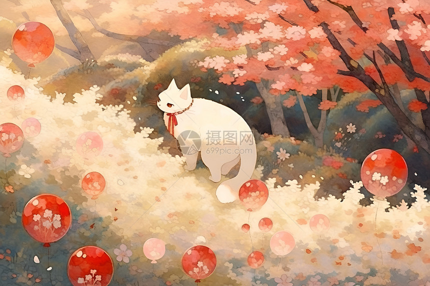 花丛中的白色小猫图片