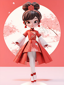 红衣少女与樱花背景图片