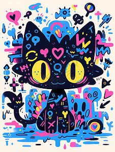 黑色艺术素材绘画的黑色小猫咪插画