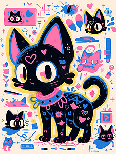 彩色的涂鸦小猫背景图片